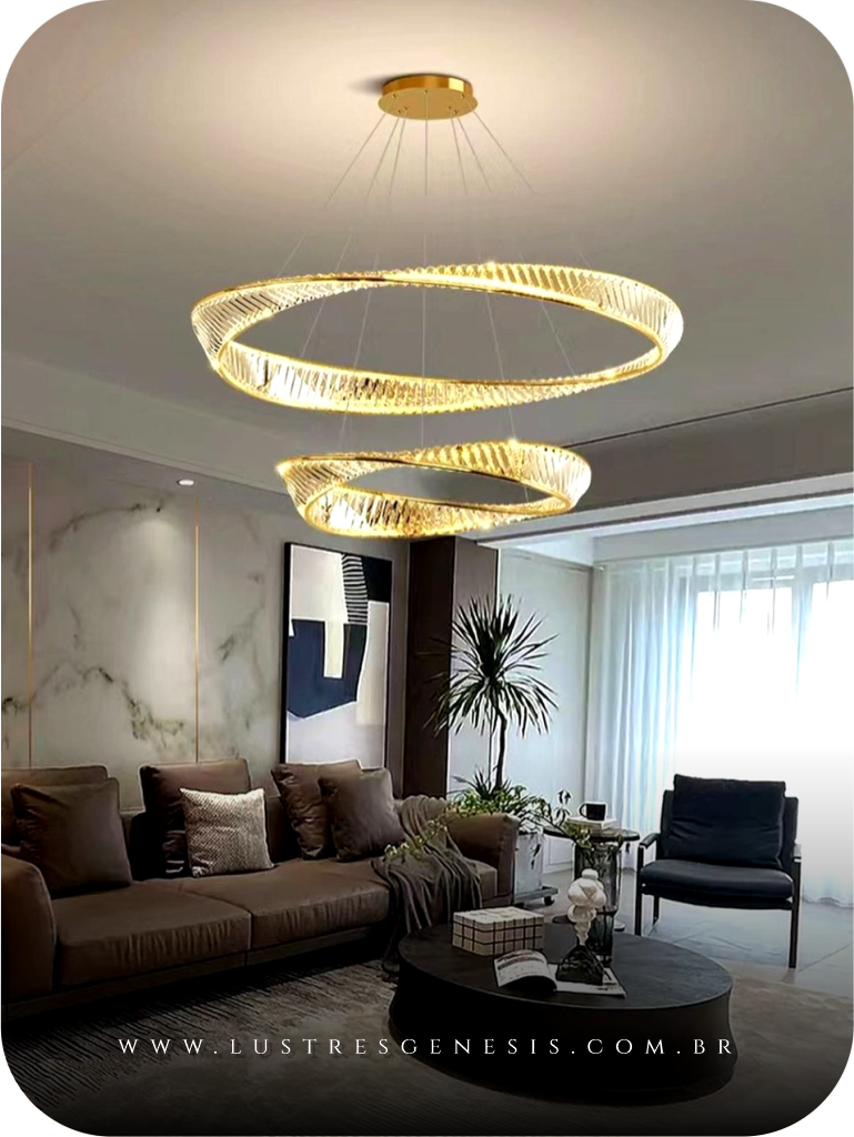 Lustre Pendente de cristal Aliança 2 anéis 80x60cm Dourado para Quartos, Sala de Jantar e Sala de Estar - Sindora • DCD00789